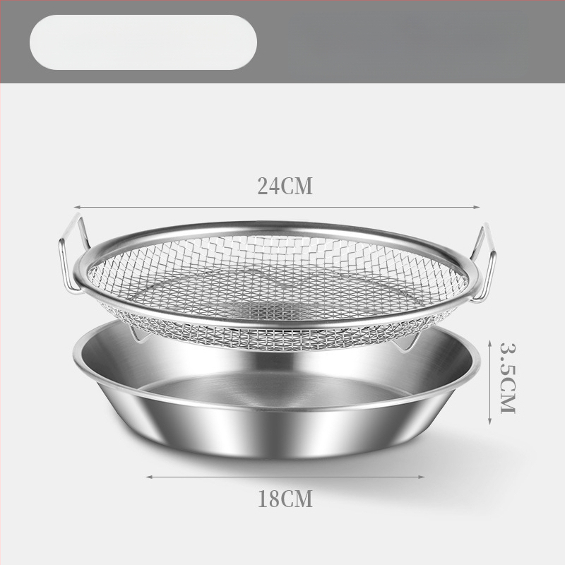 Δίσκος αποστράγγισης λαδιού για οικιακή κουζίνα, 304 ανοξείδωτο, στρογγυλός, με διπλά αυτιά και πλέγμα κόσκινου, κατάλληλος για μικροκύματα