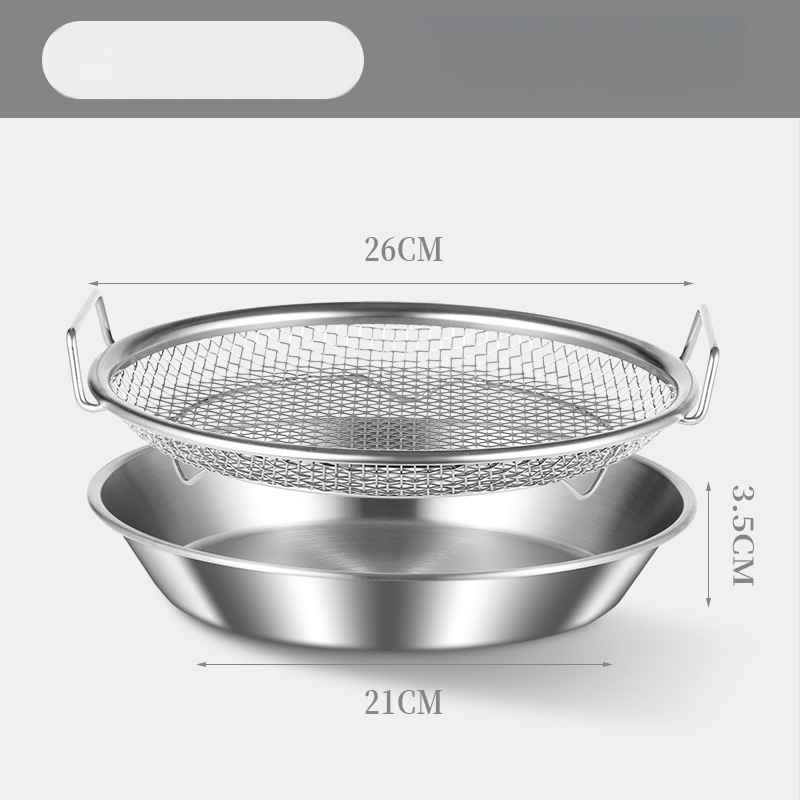 Δίσκος αποστράγγισης λαδιού για οικιακή κουζίνα, 304 ανοξείδωτο, στρογγυλός, με διπλά αυτιά και πλέγμα κόσκινου, κατάλληλος για μικροκύματα