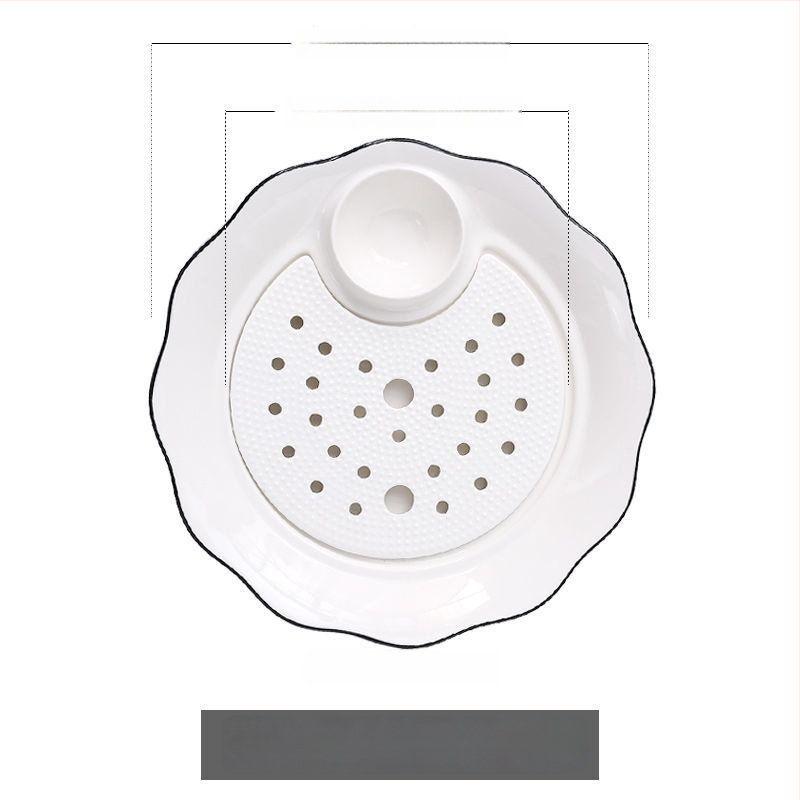 Keraamiline pelmeenide taldrik drenaažiga kahekihilise plaadi ja äädikaussiga — ümmargune, kaasaegne minimalistlik stiil