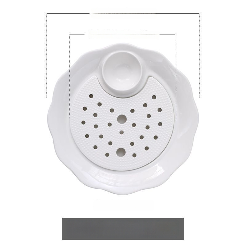 Keraamiline pelmeenide taldrik drenaažiga kahekihilise plaadi ja äädikaussiga — ümmargune, kaasaegne minimalistlik stiil