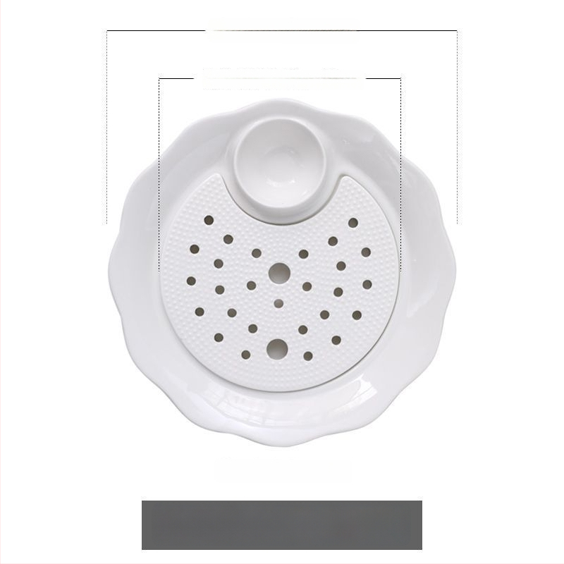 Keraamiline pelmeenide taldrik drenaažiga kahekihilise plaadi ja äädikaussiga — ümmargune, kaasaegne minimalistlik stiil