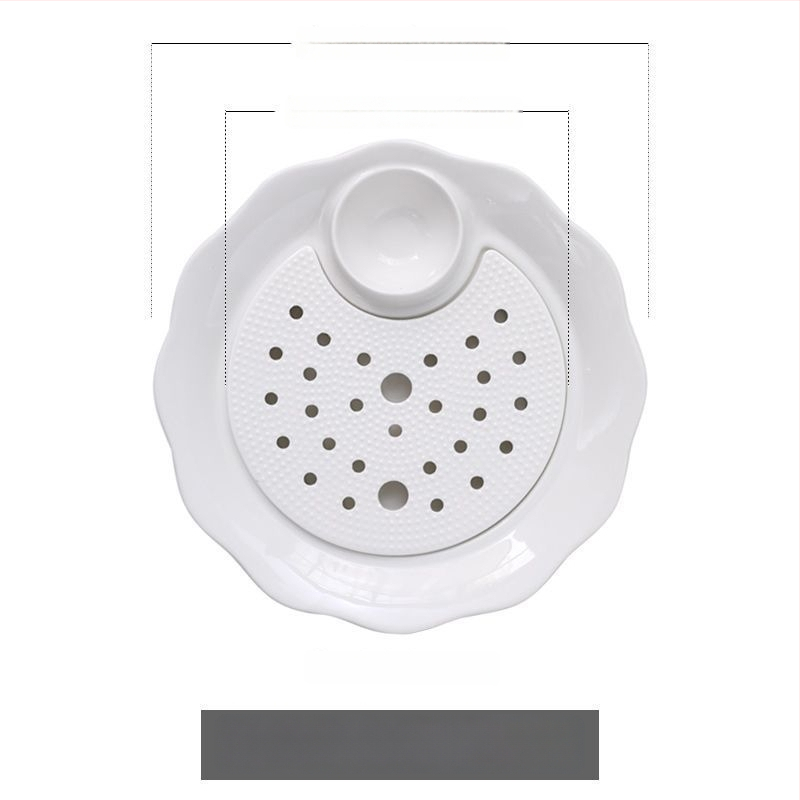 Keraamiline pelmeenide taldrik drenaažiga kahekihilise plaadi ja äädikaussiga — ümmargune, kaasaegne minimalistlik stiil