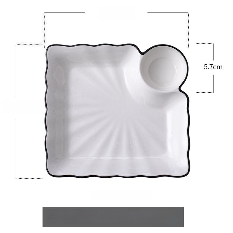 Keraamiline pelmeenide taldrik drenaažiga kahekihilise plaadi ja äädikaussiga — ümmargune, kaasaegne minimalistlik stiil