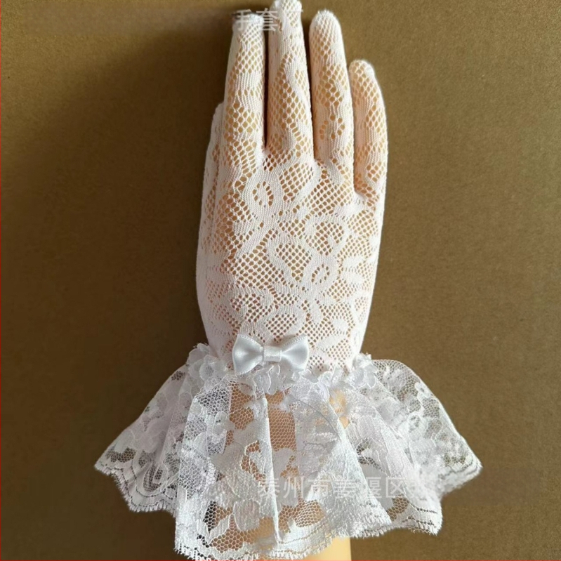 Laste pulmakindad võrgust elastse kudumiga, pitsiääri ja sõlmega – polüester, lillemustriga, sõrmkinda tüdrukutele, kohandatav