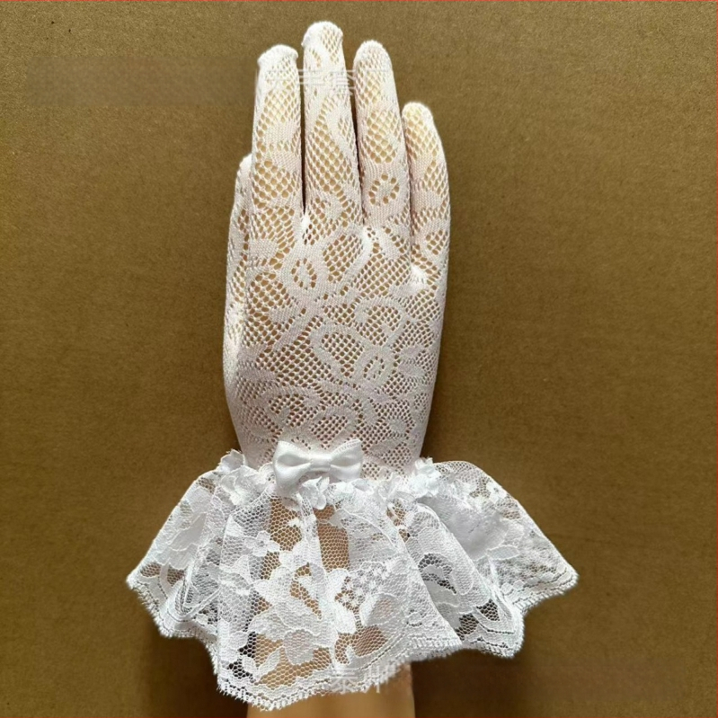 Laste pulmakindad võrgust elastse kudumiga, pitsiääri ja sõlmega – polüester, lillemustriga, sõrmkinda tüdrukutele, kohandatav