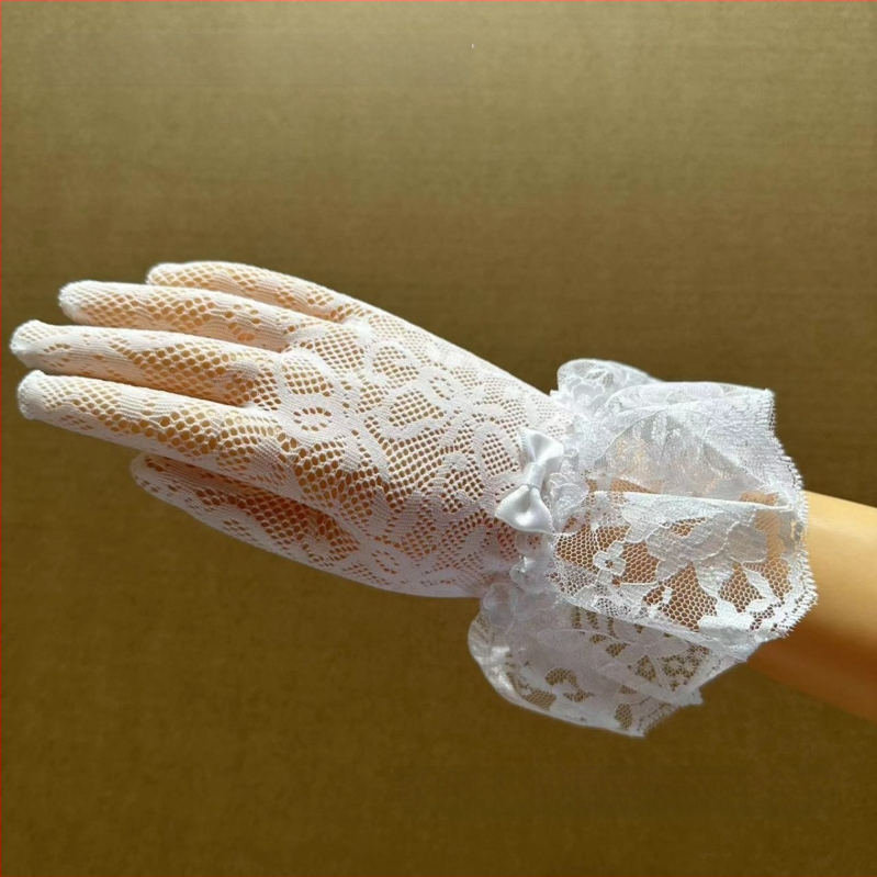 Laste pulmakindad võrgust elastse kudumiga, pitsiääri ja sõlmega – polüester, lillemustriga, sõrmkinda tüdrukutele, kohandatav