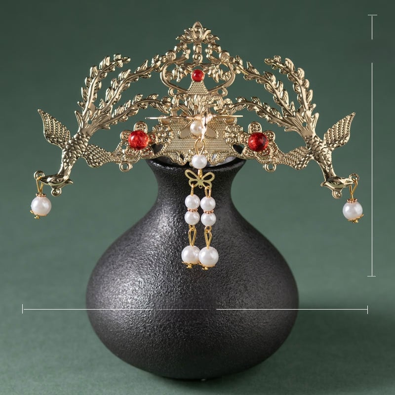 Hanfu plaukų karūna – retro metalo galvos danga, perlų kutai, elektroplatinė danga