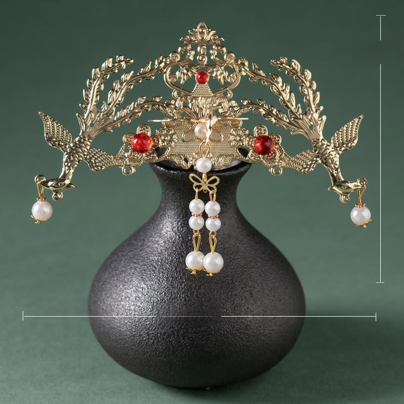 Hanfu plaukų karūna – retro metalo galvos danga, perlų kutai, elektroplatinė danga