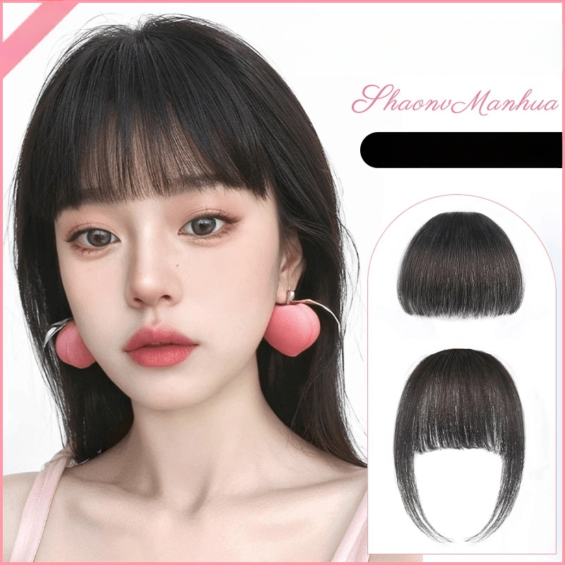 Perucă cu breton pentru femei, păr real uman, țesută manual, linie frontală fără cusături, breton în stil franțuzesc