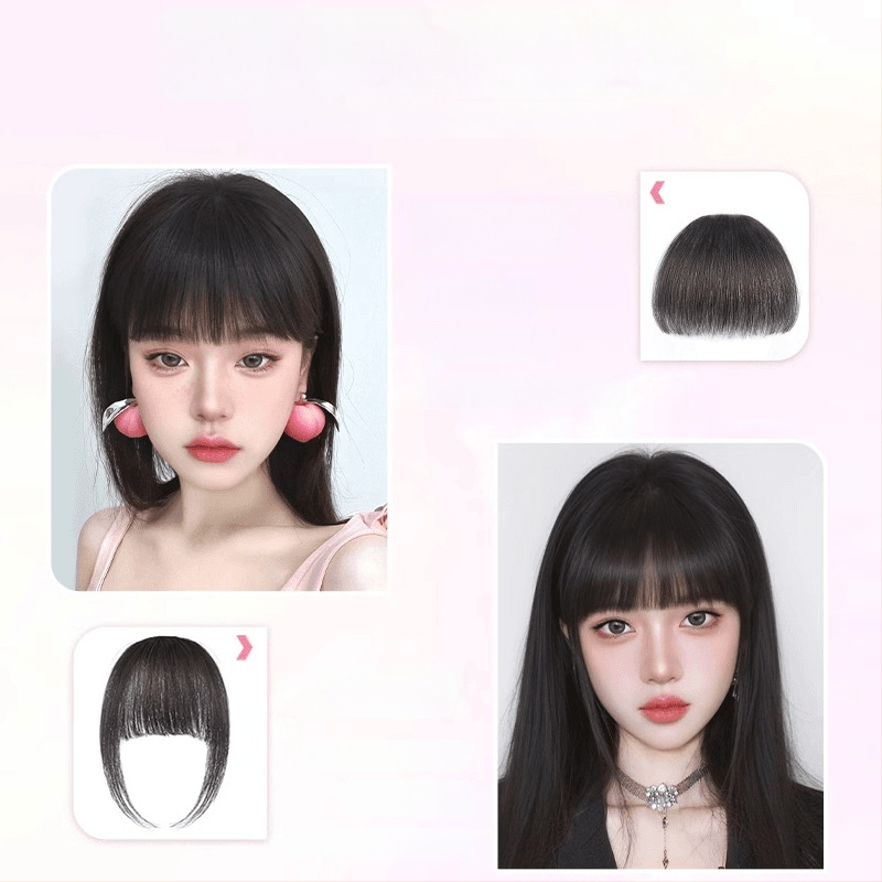 Perucă cu breton pentru femei, păr real uman, țesută manual, linie frontală fără cusături, breton în stil franțuzesc