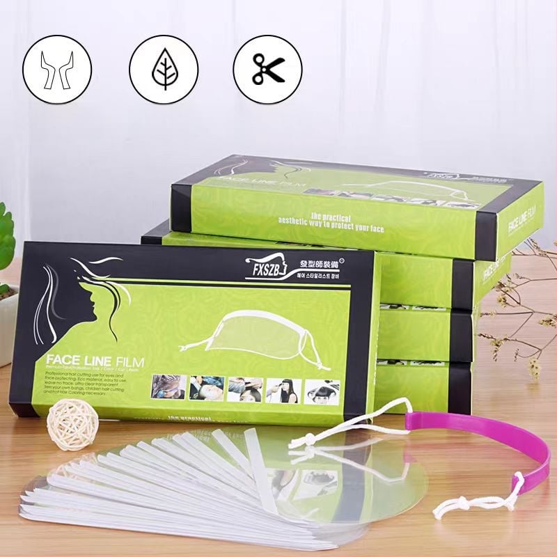 Egyszer használatos, áttetsző arcmaszk frizurához – frufru fedés az arc védelméért, alkalmas dauerhez és festéshez; 50 darabos csomag; kizárólag fodrászszalonban használható