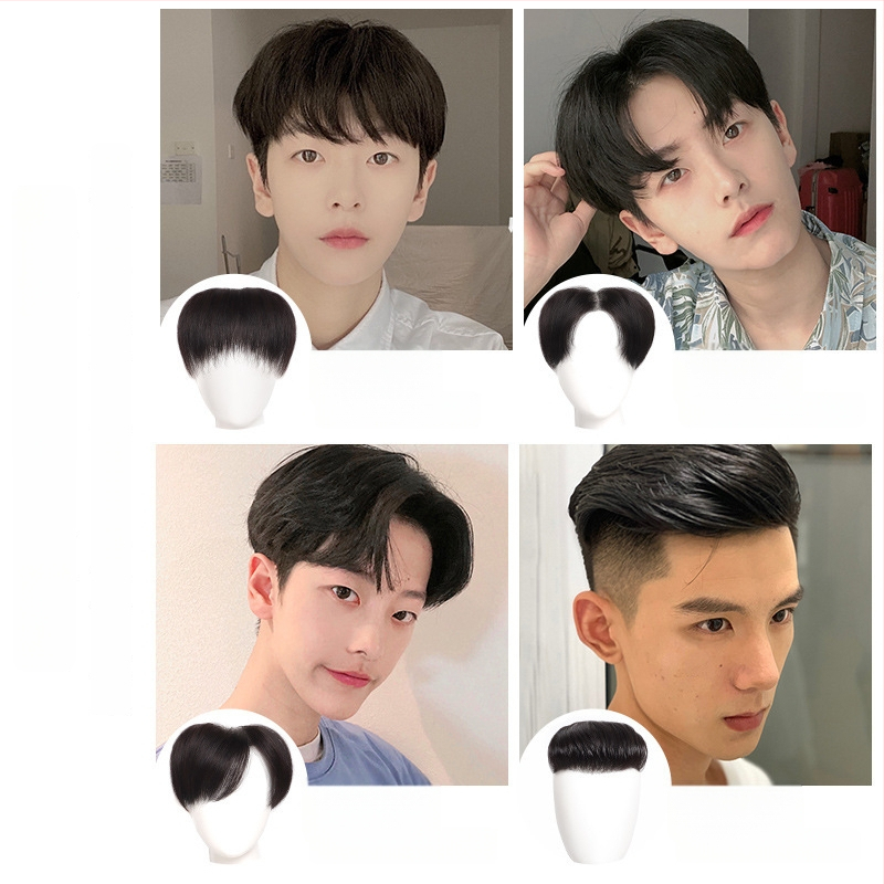 Férfi hajrész a homloknál, láthatatlan hajvonal, valós hajból készült teteje, rövid hossz, kézzel szőtt