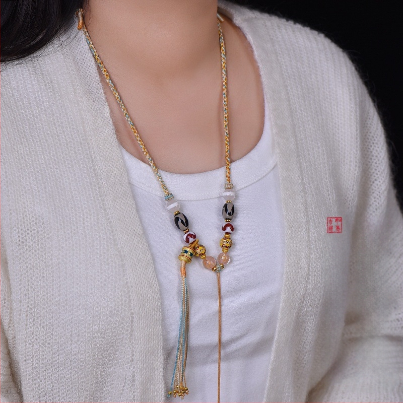 Дълга огърлица в тибетски етнически стил, ръчно преплетено въже, Дзи мъниста будистки амулет и висулка Тангка от пчелен восък, унисекс