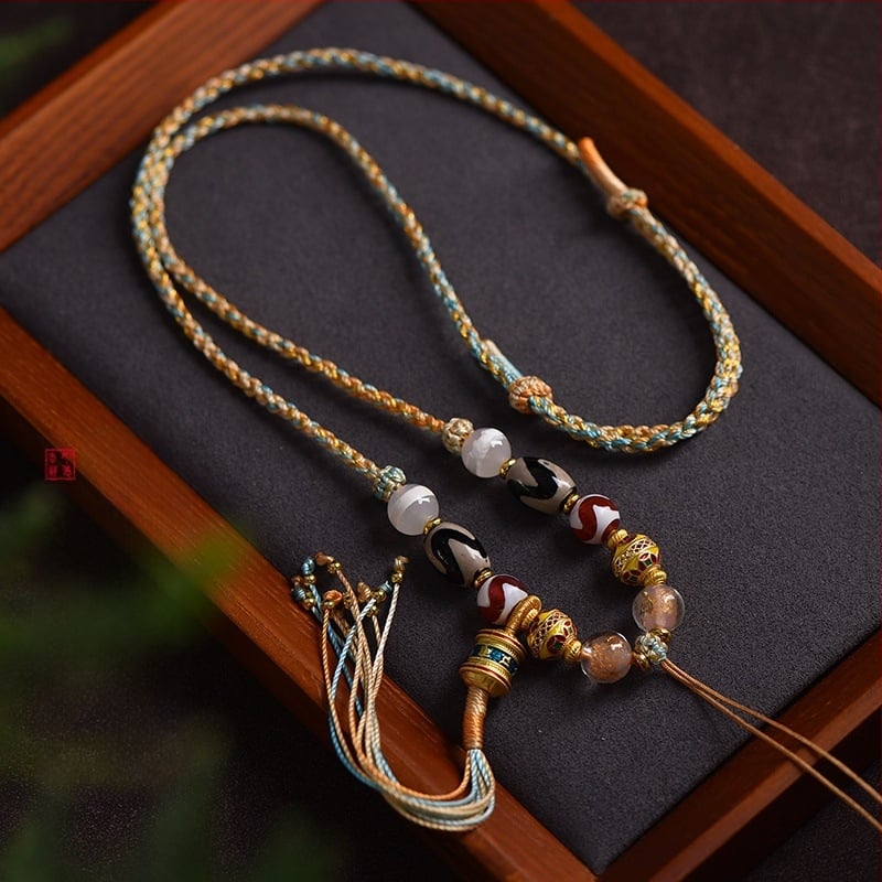 Дълга огърлица в тибетски етнически стил, ръчно преплетено въже, Дзи мъниста будистки амулет и висулка Тангка от пчелен восък, унисекс