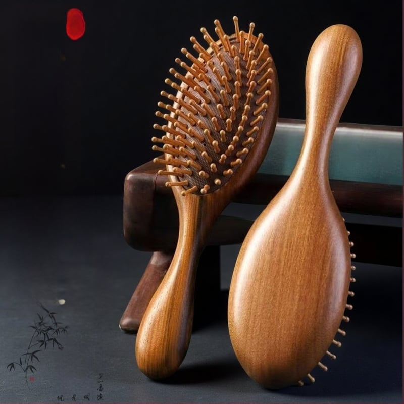 Szantálfából készült elliptikus alakú fésű, légpárnás masszázssal a fejbőrre és hajápolásra, hordozható