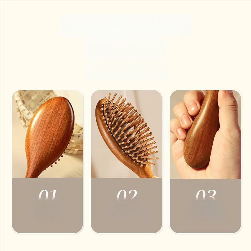 Szantálfából készült elliptikus alakú fésű, légpárnás masszázssal a fejbőrre és hajápolásra, hordozható