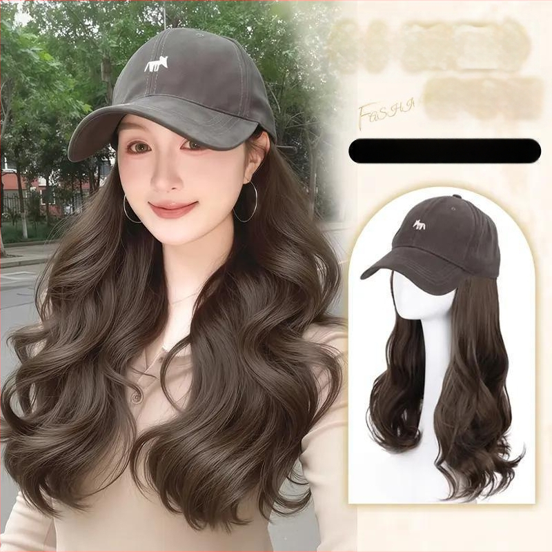 Viskas viename parūka kepurė moterims — Little Fox beisbolo kepurė su plaukais, vidutinio ilgio, ilgos garbanos su kirpčiukais, aukštos temperatūros viela, paprastas stilius, pilna galvos apdangalas, netinka karštam dažymui