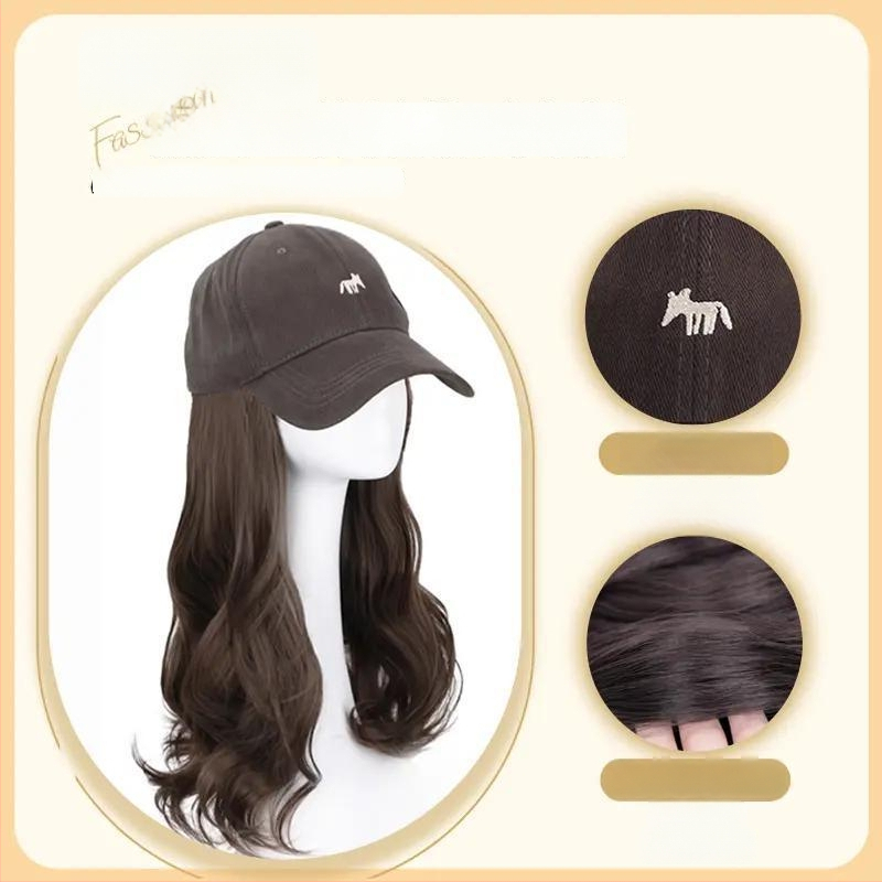 Viskas viename parūka kepurė moterims — Little Fox beisbolo kepurė su plaukais, vidutinio ilgio, ilgos garbanos su kirpčiukais, aukštos temperatūros viela, paprastas stilius, pilna galvos apdangalas, netinka karštam dažymui
