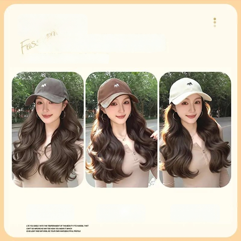 Viskas viename parūka kepurė moterims — Little Fox beisbolo kepurė su plaukais, vidutinio ilgio, ilgos garbanos su kirpčiukais, aukštos temperatūros viela, paprastas stilius, pilna galvos apdangalas, netinka karštam dažymui