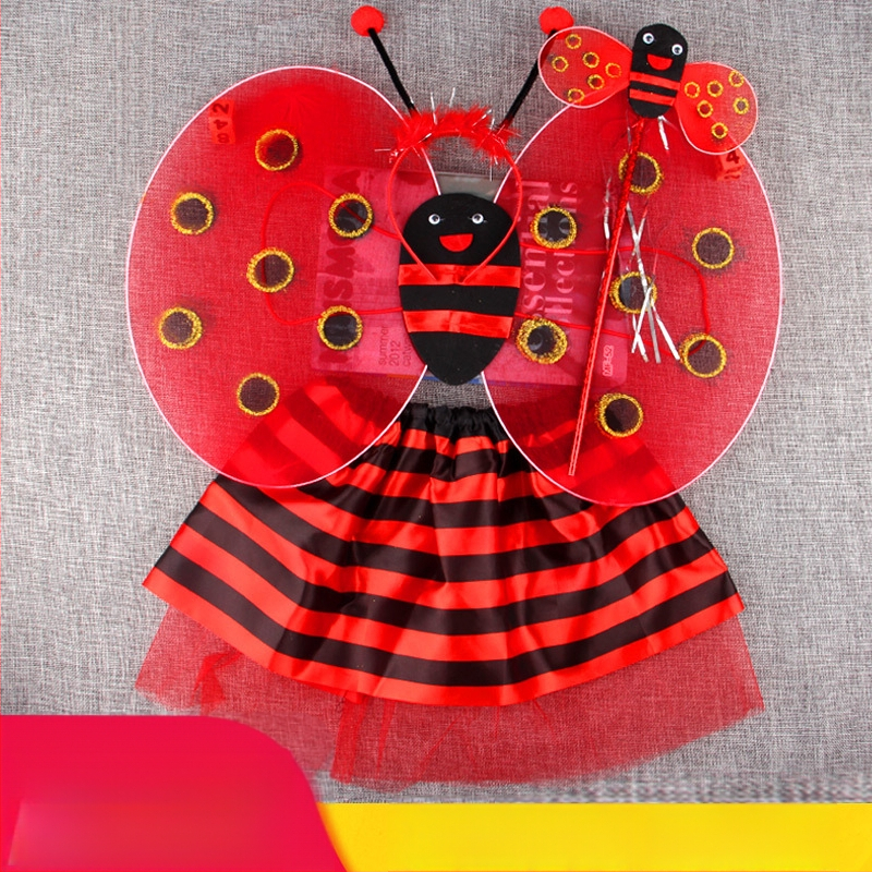 Σετ κοστουμιού με φτερά εντόμου για παιδιά: φτερά με ιμάντες στην πλάτη και φούστα, καλλιτεχνικό καρτούν μοτίο, τριών έως τεσσάρων κομματιών