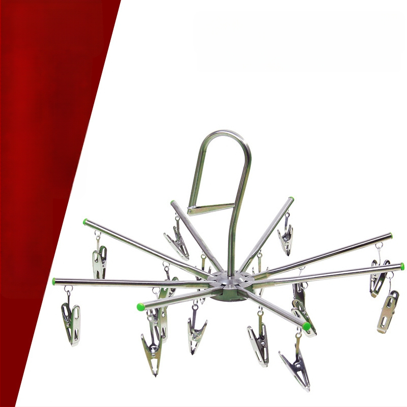 Kerek, összecsukható rozsdamentes acél szárítóakasztó 16 klippel, ideális fehérneműk, harisnyák és törölközők számára