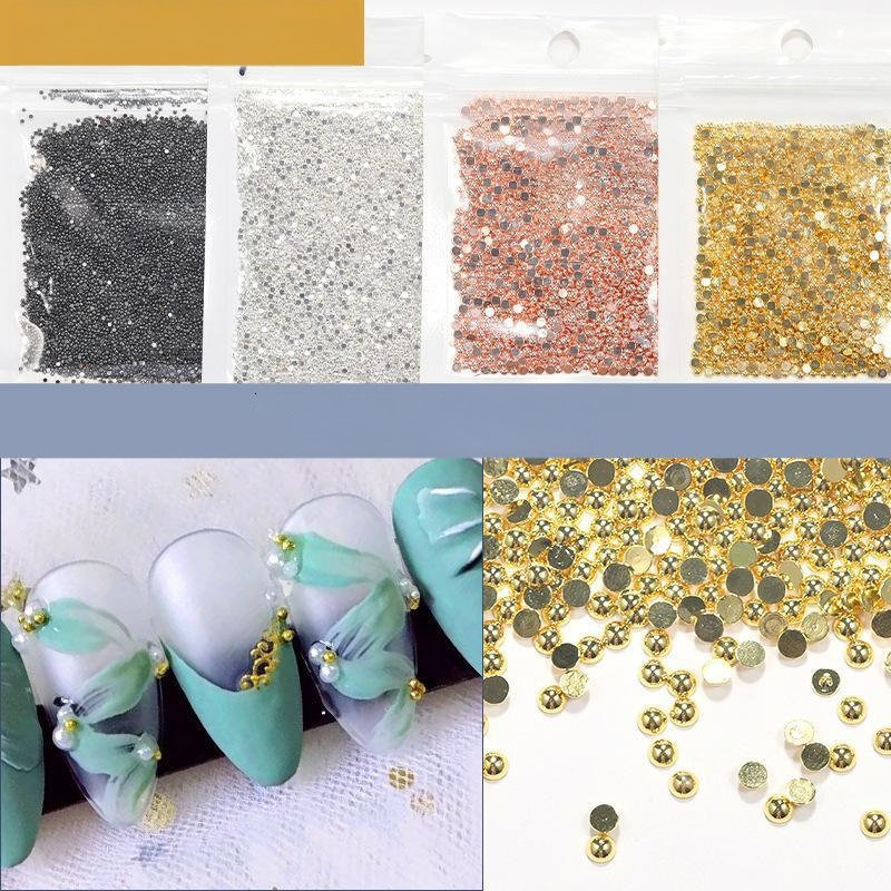 Metalo pusmėnulio karoliukai nagams, plokščiu dugnu, reljefinis raštas, DIY nagų dekoravimui