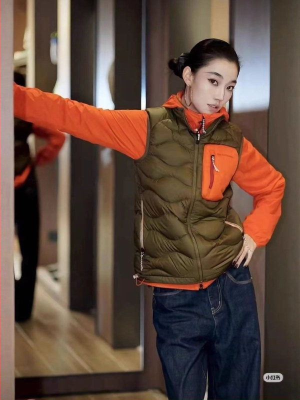 Γυναικείο γιλέκο από πούπουλα με στάσιμο γιακά, νάιλον εξωτερικό ύφασμα, γέμισμα από πούπουλα χήνας 86–90%, ευθεία γραμμή, μεσαίου μήκους (50–65 εκ.)