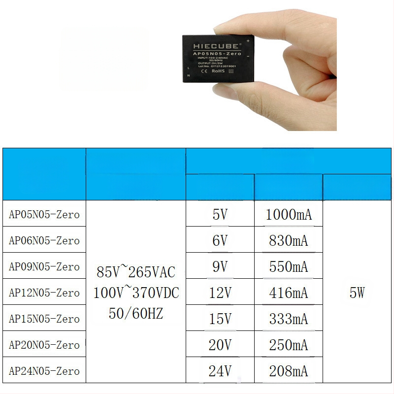 High Energy Cube 5W AC-DC превключваем модул за захранване, вход 220V, изход 5V1A, изолиран регулатор, CE сертифициран (AP05N05-Zero)