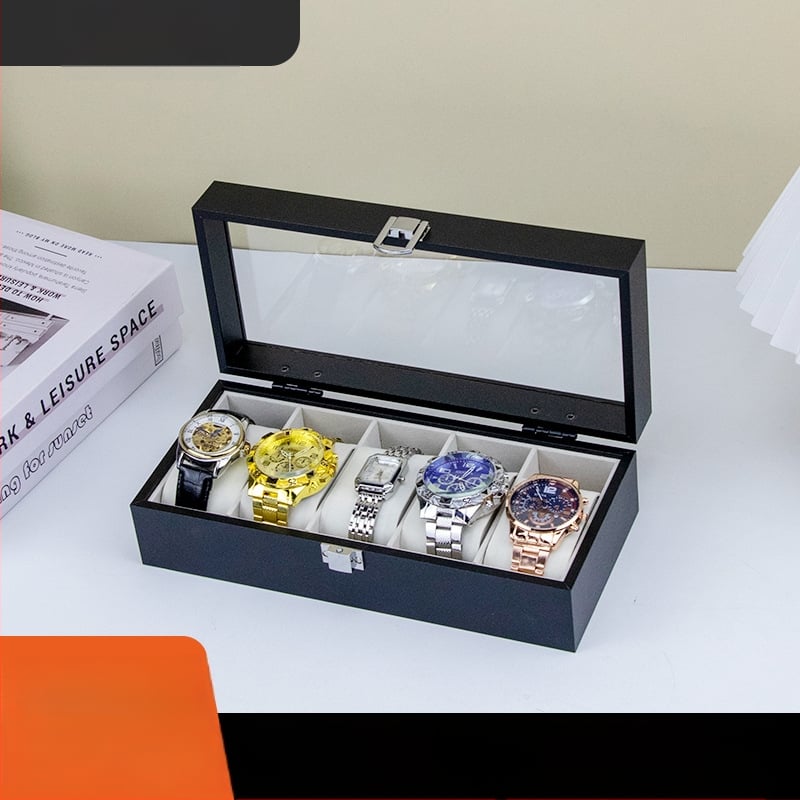 Cutie din lemn pentru ceasuri, 6 compartimente, cu skylight, MDF+PVC, model A135-b-5