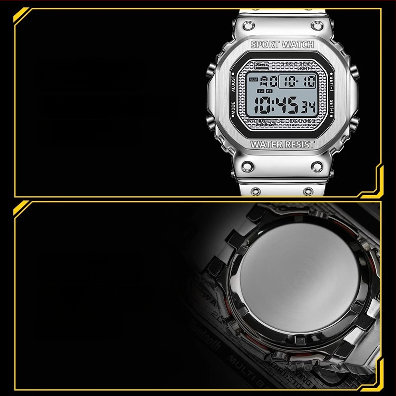 Ceas digital pătrat cu lampă de ridicare a mâinii, rezistent la apă 30M, curea din oțel inoxidabil, 44×34 mm