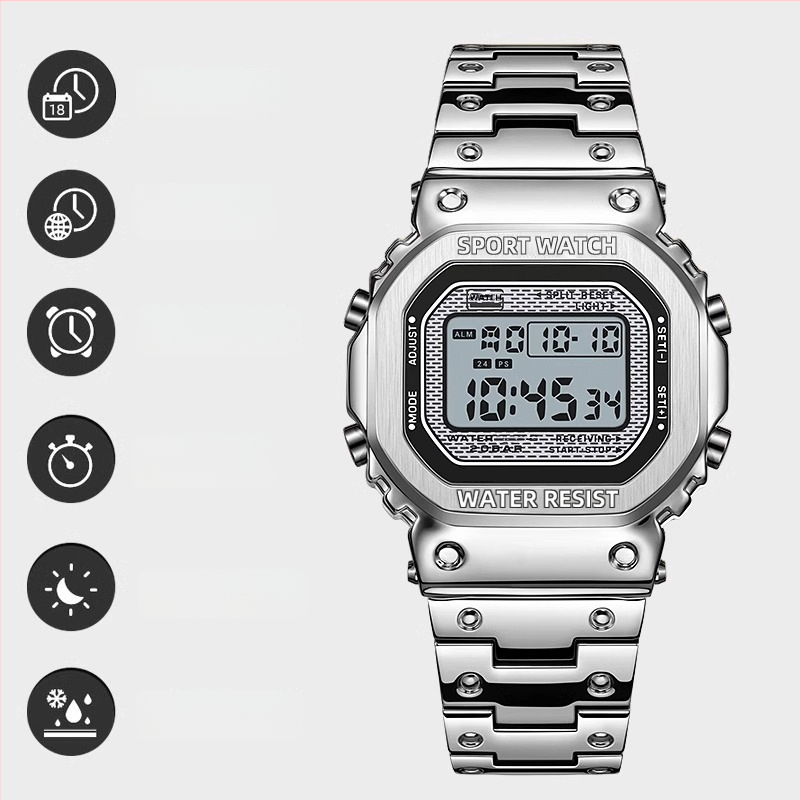 Ceas digital pătrat cu lampă de ridicare a mâinii, rezistent la apă 30M, curea din oțel inoxidabil, 44×34 mm