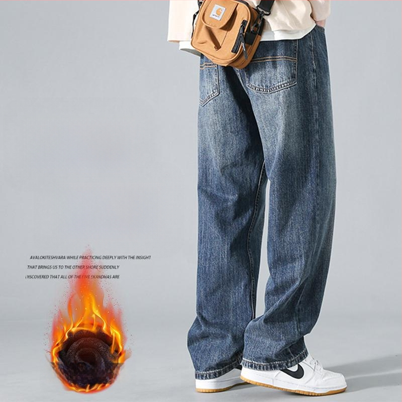 Дънки с права кройка от деним, средна талия, микроеластични, японски стил работно облекло, за свободно време