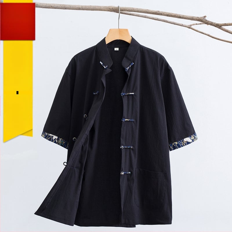 Meeste suvine lühikeste varrukatega särk hiina stiilis, vertikaalne pandla kaelakael, puuvillase segu (65% puuvill)