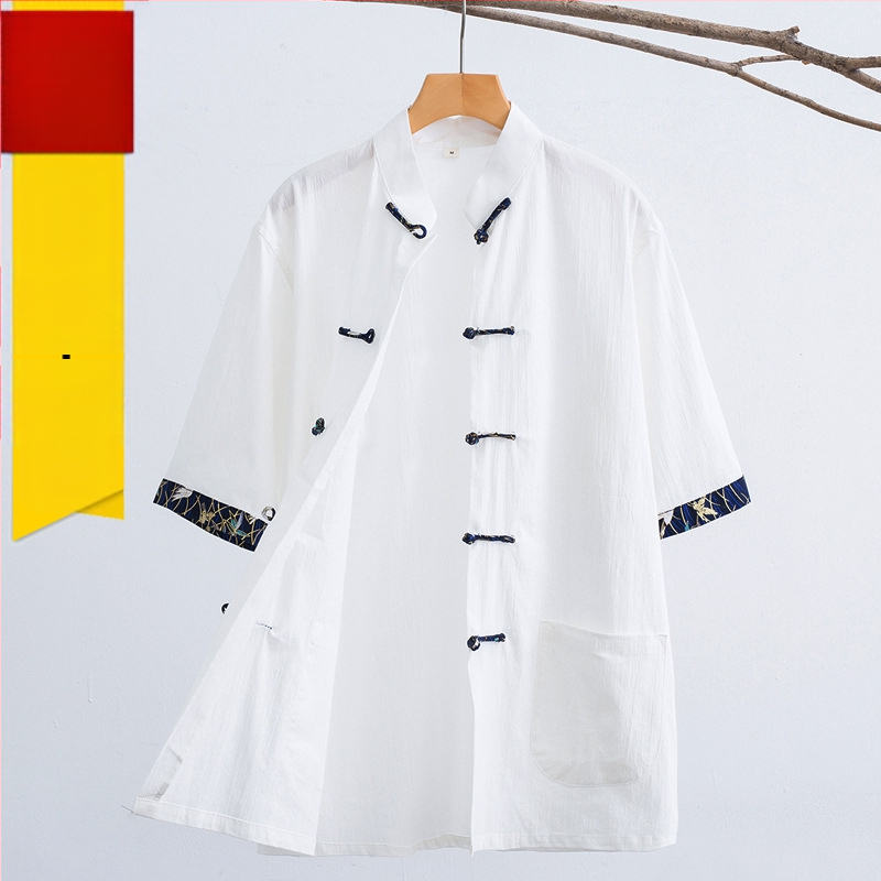 Meeste suvine lühikeste varrukatega särk hiina stiilis, vertikaalne pandla kaelakael, puuvillase segu (65% puuvill)