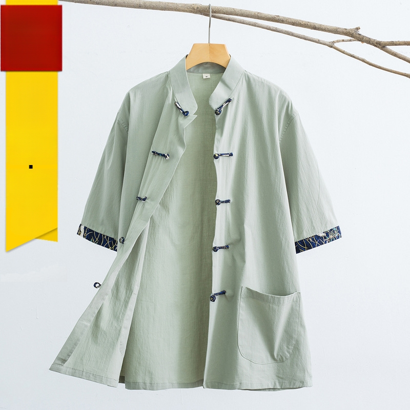 Meeste suvine lühikeste varrukatega särk hiina stiilis, vertikaalne pandla kaelakael, puuvillase segu (65% puuvill)