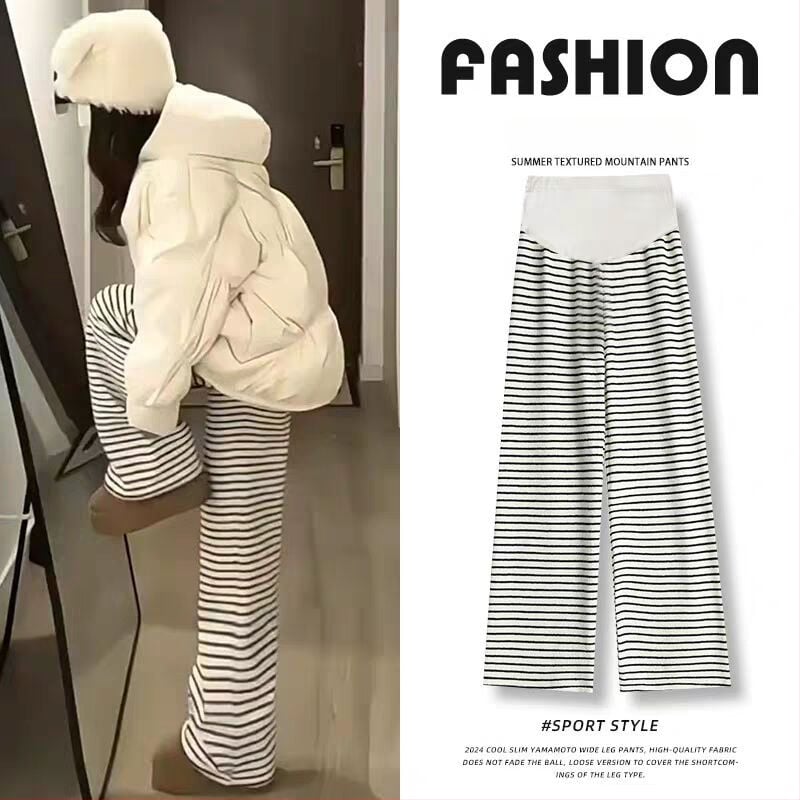 Pantaloni de maternitate – în dungi, largi, pentru toamnă-iarnă, croială drapată, până la podea, țesătură din lână amestec