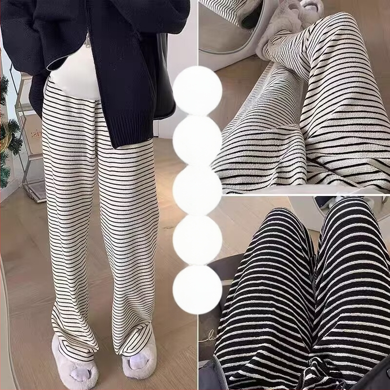 Pantaloni de maternitate – în dungi, largi, pentru toamnă-iarnă, croială drapată, până la podea, țesătură din lână amestec