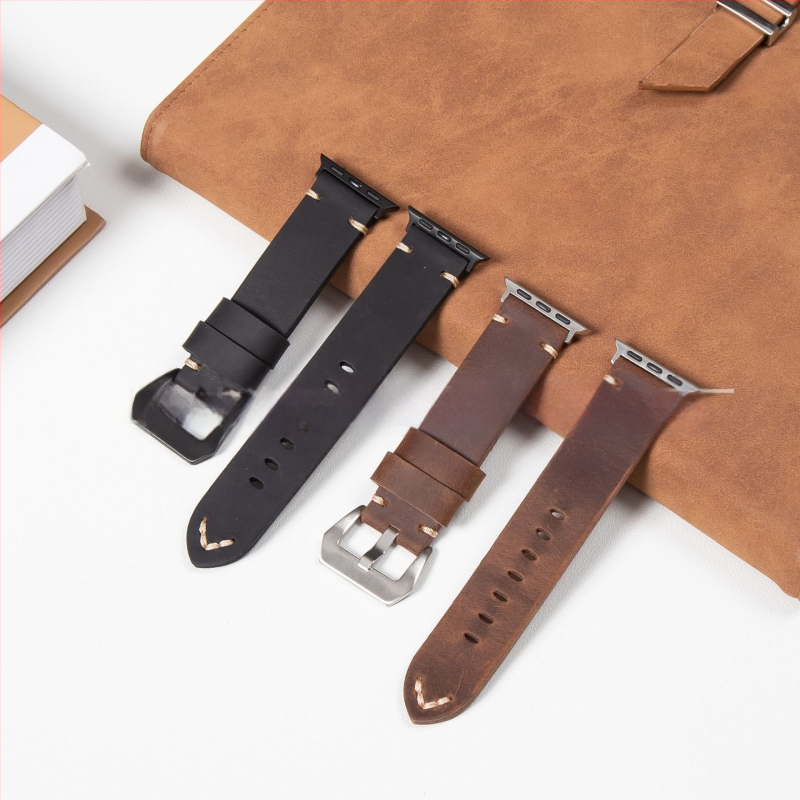 Iš tikros odos išmaniojo laikrodžio dirželis, Crazy Horse vintažo oda, Hepburn stilius, literatūrinis retro dizainas