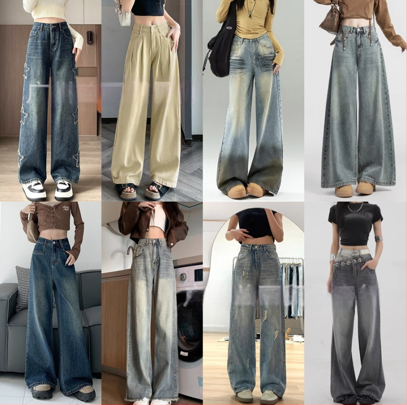 Jeansi denim pentru femei, croială largă, talie înaltă, lungi până la podea, stil casual