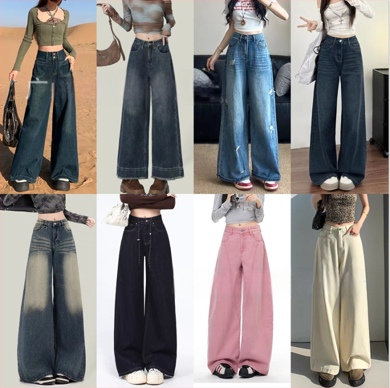 Jeansi denim pentru femei, croială largă, talie înaltă, lungi până la podea, stil casual
