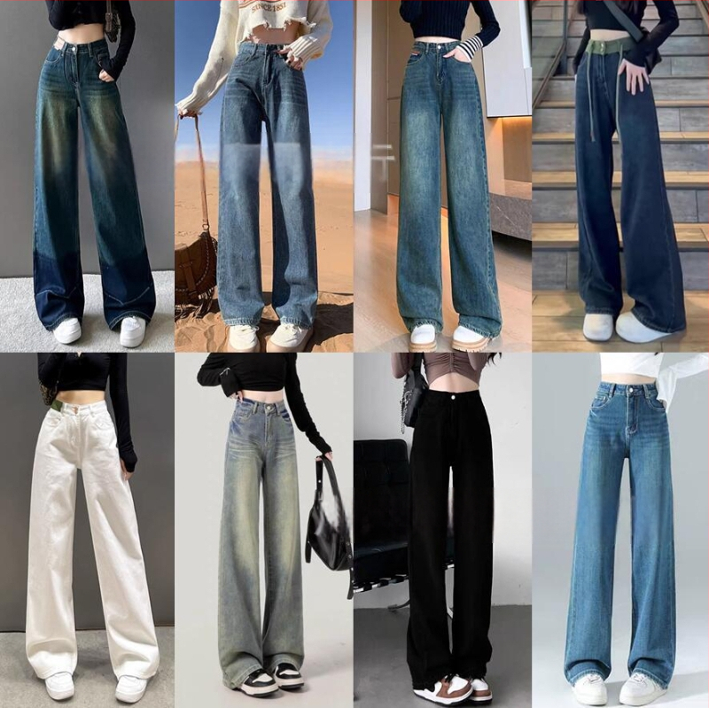 Jeansi denim pentru femei, croială largă, talie înaltă, lungi până la podea, stil casual