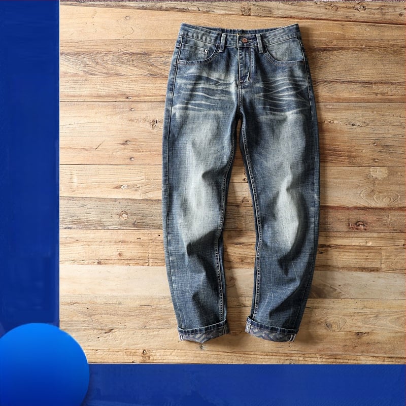 Мъжки дънки - еластични, с права кройка, средна талия, цип, 62% памук