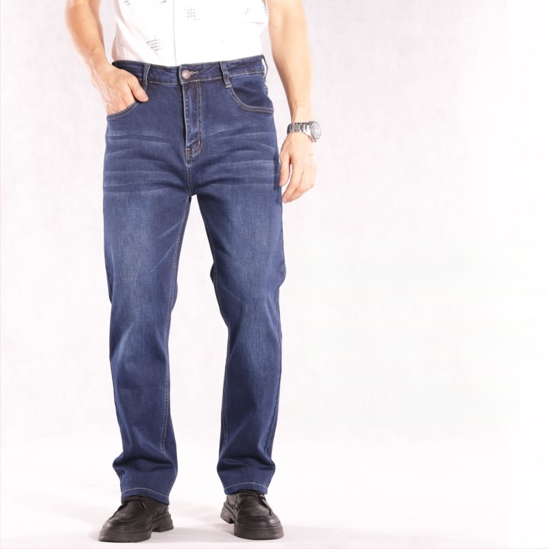 Мъжки дънки с прави крачета и еластичност, висока талия, памучен деним, ежедневни