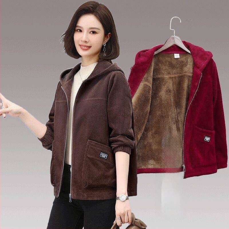 Geacă scurtă de damă, cu fleece, căptușită, cu glugă, croială casual, mâneci 3/4, stil retro-literar, PVC