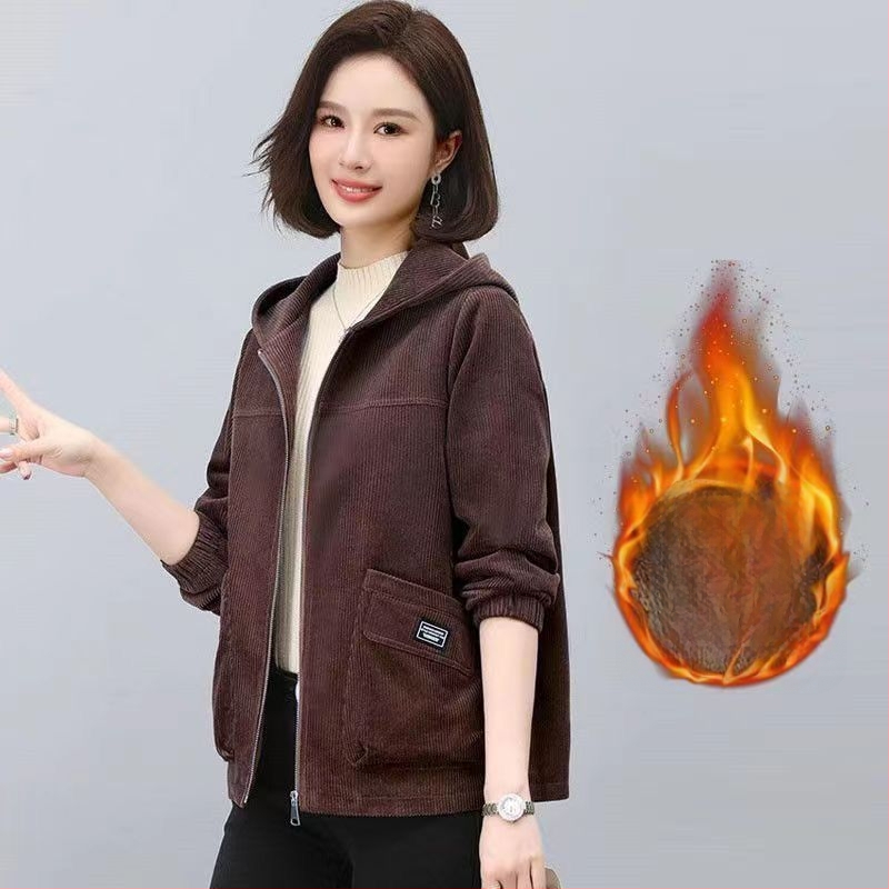 Geacă scurtă de damă, cu fleece, căptușită, cu glugă, croială casual, mâneci 3/4, stil retro-literar, PVC