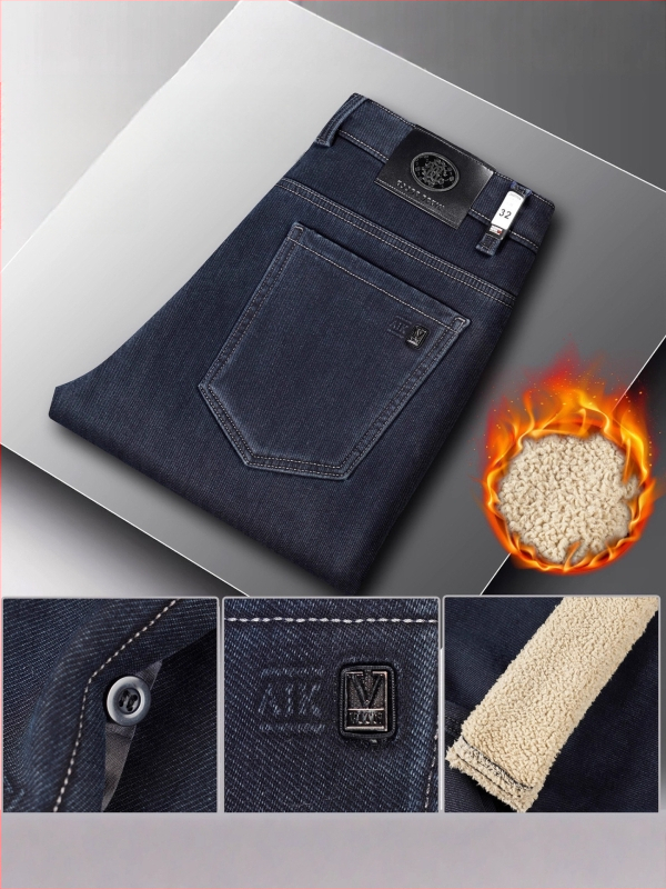 Дънки от деним с подплата от агнешова вълна, плътни, права кройка, средна талия, цип за закопчаване, за зима