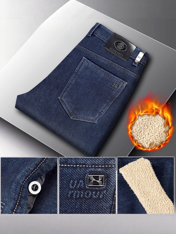 Дънки от деним с подплата от агнешова вълна, плътни, права кройка, средна талия, цип за закопчаване, за зима