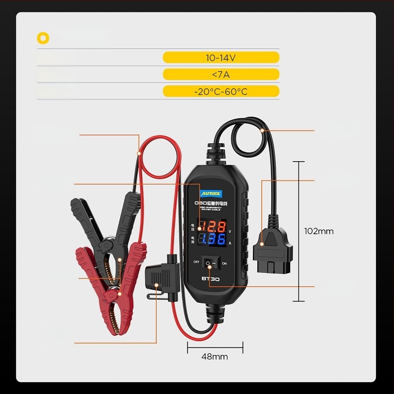 AUTOOL BT-30 OBD akulaatori kabel katkestusteta toiteallikaks, 10–14V, -20–60°C