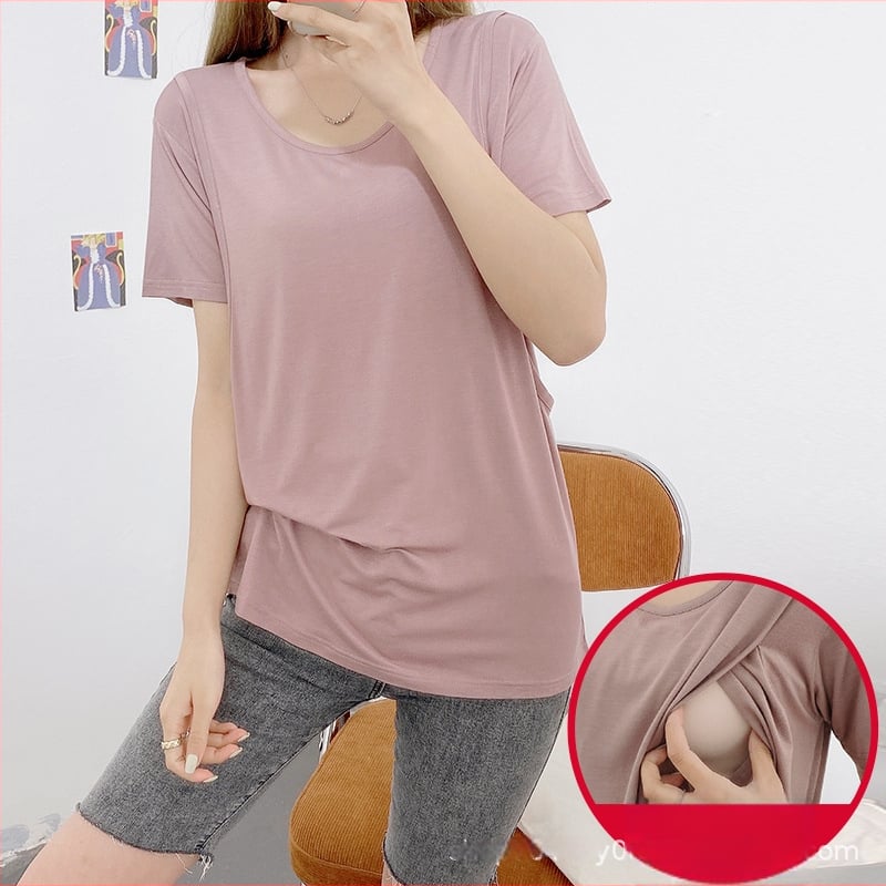 Žindymo topas su apvaliu kaklu, trumpomis rankovėmis, vidutinio ilgio 65–80 cm, modalinis audinys su organine medvilne, maitinančiam įdūrimu