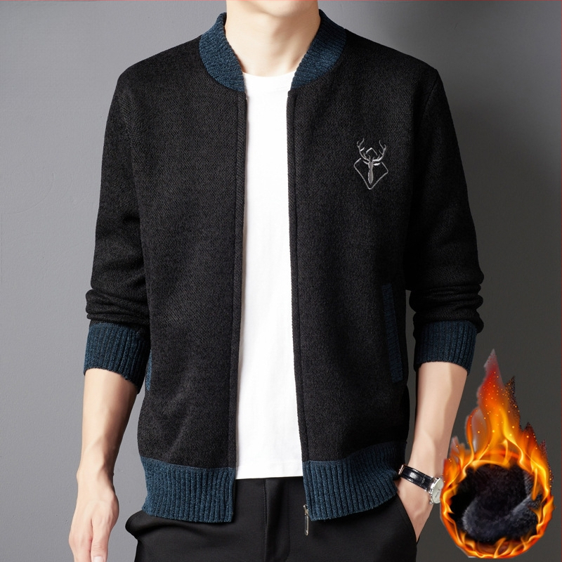 Vyrinė chenille kardiganė striukė su fleece pamušalu, stora mezgimo medžiaga, beisbolo apykaklė, šoninės kišenės